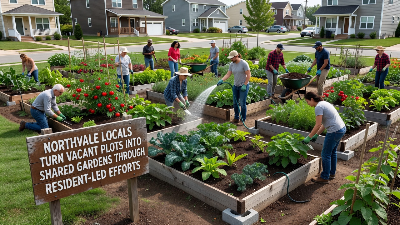 Shared garden beds in Northvale showing vegetables, flowers, and residents collaborating on maintenance tasks